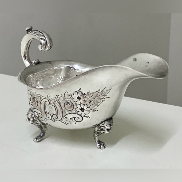 Early 20th Century Vtg Ornate Lion Head Silver Plated Copper Footed Gravy Boat - Picture 14 of 16